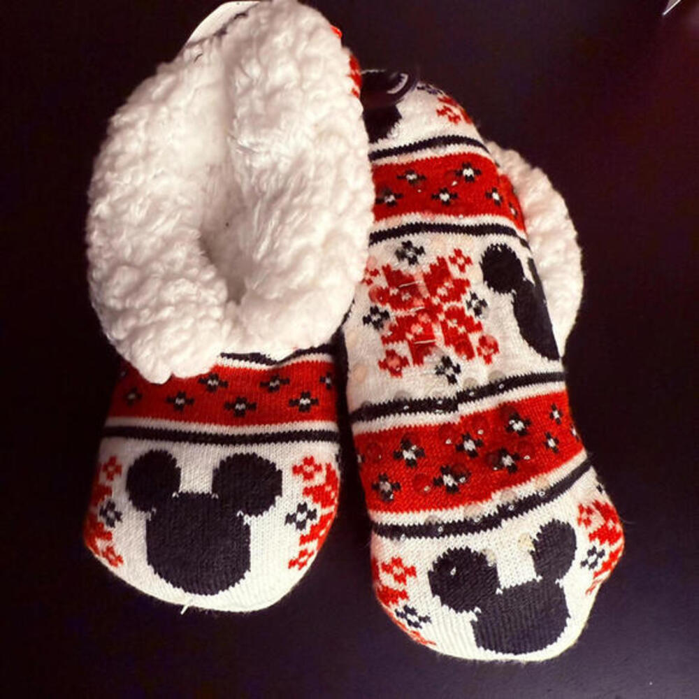 Disney Mickey Mouse Holiday Slippers NWT Sherpa Lined Cozy House Shoes